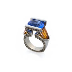 Brooks Fine Jewelry - One of a kind 10kt white gold ring with a 7.35ct concave cut oval tanzanite, 5.02ct pear sunset orange mystic quartz and 0.25ct red diamond