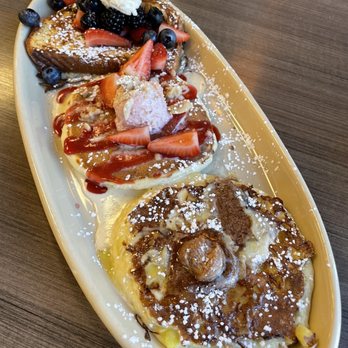 Snooze, an A.M. Eatery - Pancake Flight Customized with 1 French Toast Neat - Breakfast & Brunch Near Me - Charlotte, North Carolina Snooze, an A.M. Eatery - Pancake Flight Customized with 1 French Toast Neat - Breakfast & Brunch Near Me - Charlotte, North Carolina