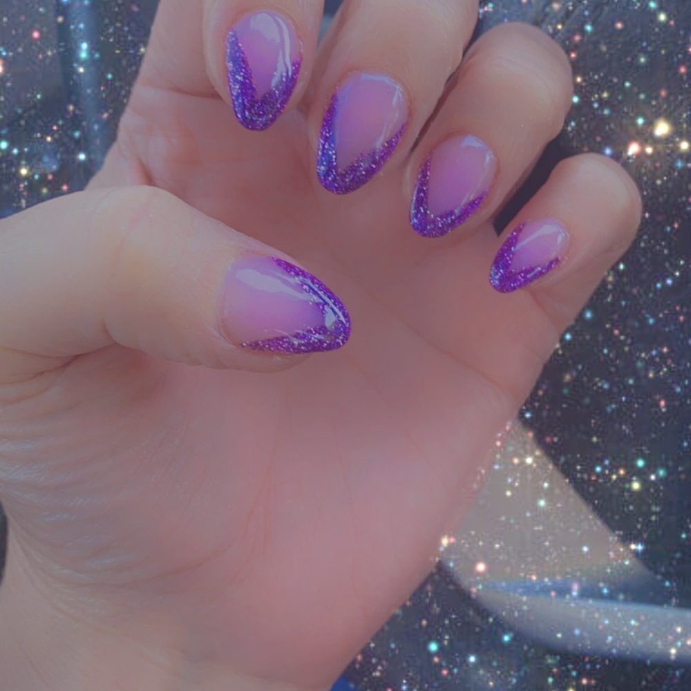 V shape nails, purple glitter