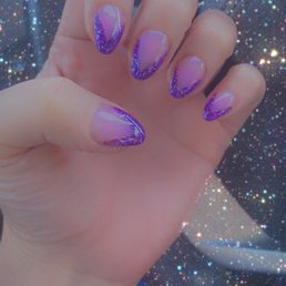 V shape nails, purple glitter