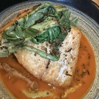 Fort Oak - LOCAL HALIBUT coconut wild rice, bok choy, leche de tigre, tempura bunapi, red curry - New American Near Me - San Diego, California Fort Oak - LOCAL HALIBUT coconut wild rice, bok choy, leche de tigre, tempura bunapi, red curry - New American Near Me - San Diego, California
