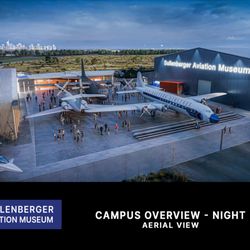 Sullenberger Aviation Museum - Overview of Sullenberger Aviation Museum's Main Plaza at Night. Rendering by FRD.