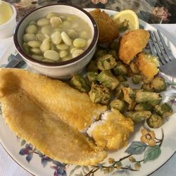 Grandmother's House - Fried catfish, fried okra, hush puppies, baby llama beans. So good!