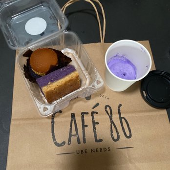 Cafe 86 - That's all in the bag. Looks like only cupcake and ube bar was given to me... and the ice cream. Where's my bread pudding? - Coffee & Tea Near Me - Chino Hills, California