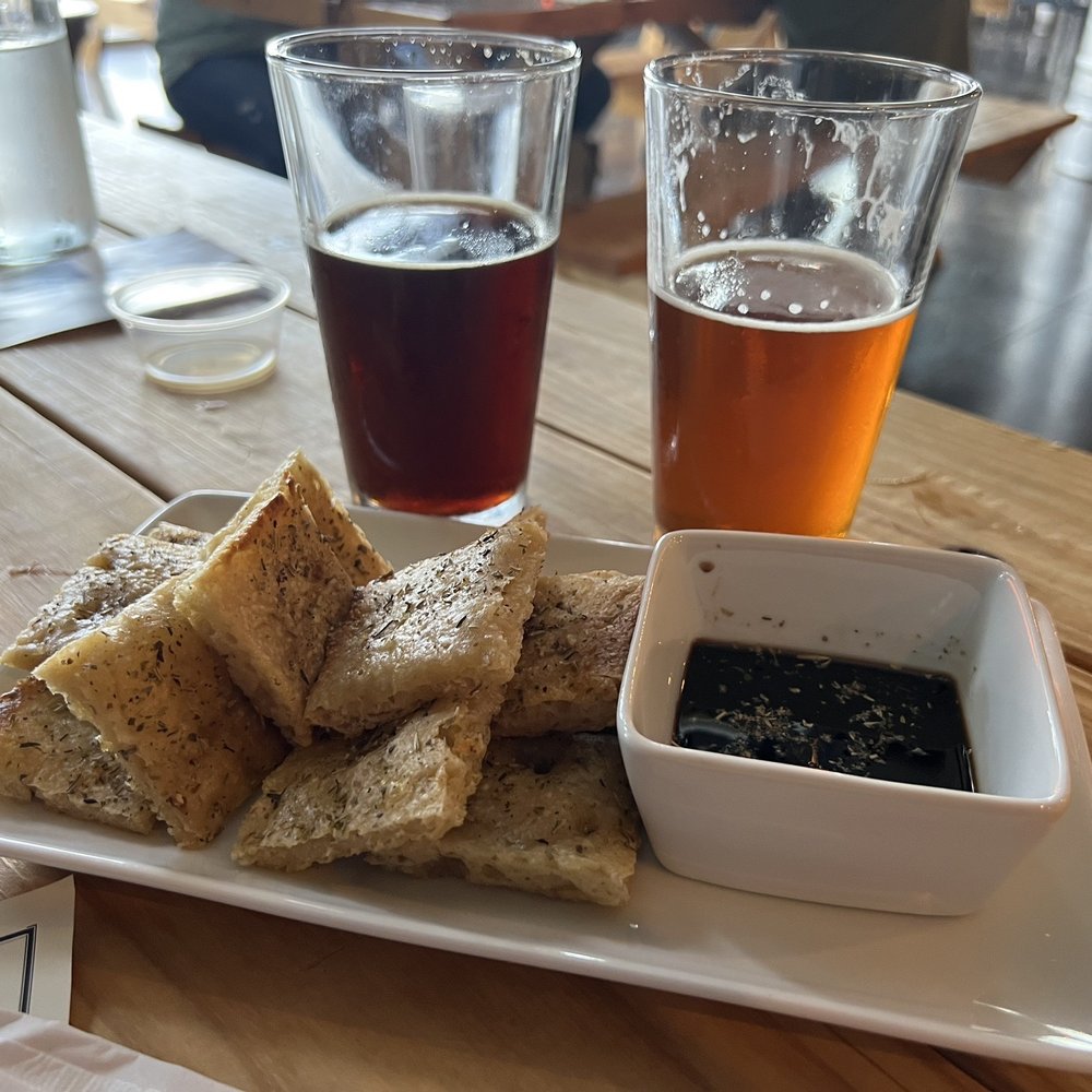 Focaccia with olive oil, Belgian brown IPA, West Coast IPA