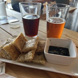 Focaccia with olive oil, Belgian brown IPA, West Coast IPA