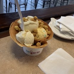 TeeJay's Sweet Tooth - Birthday Batter & Vanilla in a waffle bowl topped with peanut butter crunch!