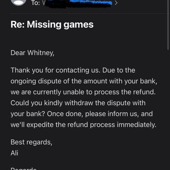 Retro vGames - asking me to cancel credit card dispute before they issue refund. Credit Card advised me this was 'scam-like' advise - Video Game Stores Near Me - Allentown, Pennsylvania Retro vGames - asking me to cancel credit card dispute before they issue refund. Credit Card advised me this was 'scam-like' advise - Video Game Stores Near Me - Allentown, Pennsylvania