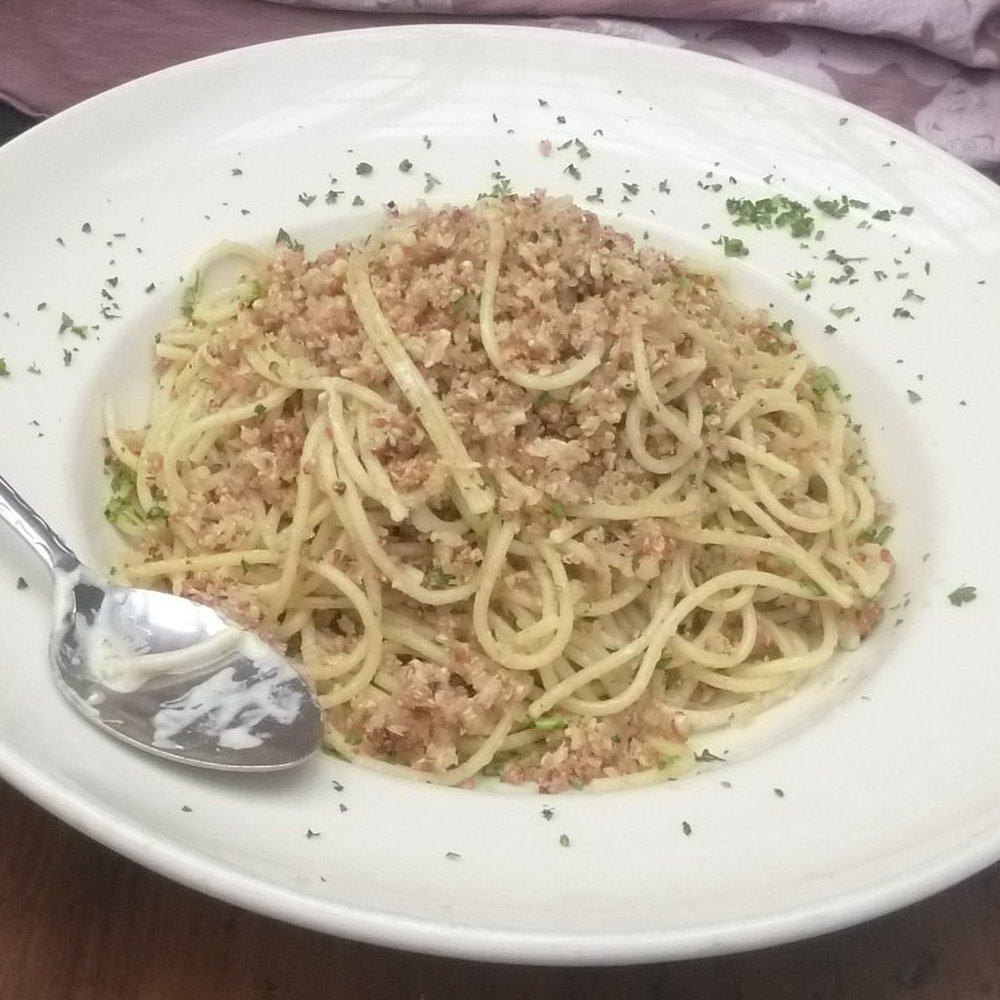 Gino's - Pasta Arturo. Spaghetti, olive oil, toasted garlic and bread-crumbs. - Italian Near Me - Salinas, California Gino's - Pasta Arturo. Spaghetti, olive oil, toasted garlic and bread-crumbs. - Italian Near Me - Salinas, California