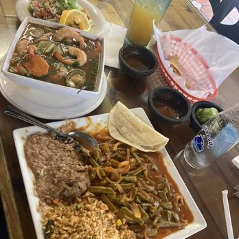 Little Mexico - Imitation Crab Tostada , Shrimp Soup ,Rice, Beans, custom dish was Nopales en Salsa Roja - Mexican Near Me - Montebello, California