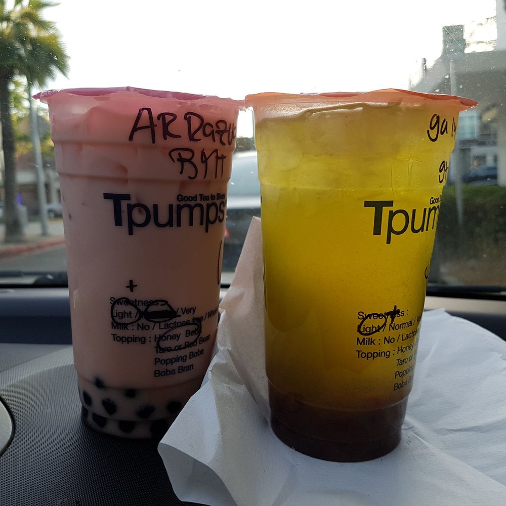 Tpumps - Pasadena - L-R: 24 oz Almond Roca Raspberry Vanilla Black Tea, $3.50 tax included. 24 oz Green Apple Lychee Green Tea, $3.50 tax included - Bubble Tea Near Me - Pasadena, California Tpumps - Pasadena - L-R: 24 oz Almond Roca Raspberry Vanilla Black Tea, $3.50 tax included. 24 oz Green Apple Lychee Green Tea, $3.50 tax included - Bubble Tea Near Me - Pasadena, California