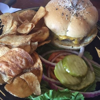Bee Hive Brew Pub - The standard burger (salt + pepper roll) and house made chips! - Breweries Near Me - Canandaigua, New York