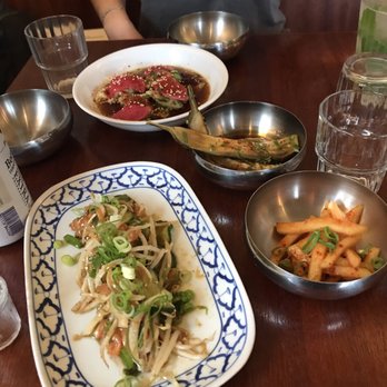 Camino - Dumplings, salmon poke, kohlrabi kimchi, marinated eggplant - Korean Near Me - Antwerp, VAN Camino - Dumplings, salmon poke, kohlrabi kimchi, marinated eggplant - Korean Near Me - Antwerp, VAN