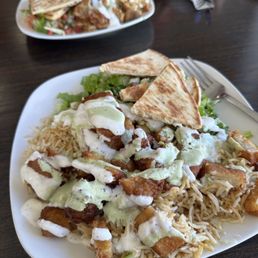 Rice salad with fish (rice salad w combo chicken/lamb in back)