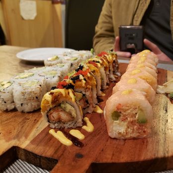Mori Sushi - Top left- Philly roll. Bottom left- cali roll. Middle- Spiderman roll. Right- pink Lady roll (my all time fav!!!) - Sushi Bars Near Me - Indianapolis, Indiana