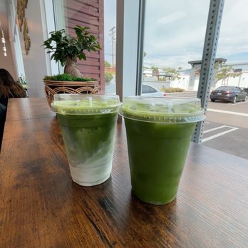 Stories Cafe - regular matcha left, coconut matcha right - Coffee & Tea Near Me - Whittier, California Stories Cafe - regular matcha left, coconut matcha right - Coffee & Tea Near Me - Whittier, California