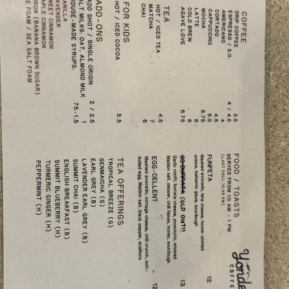 Yonder Coffee - menu - Coffee & Tea Near Me - Northridge, California