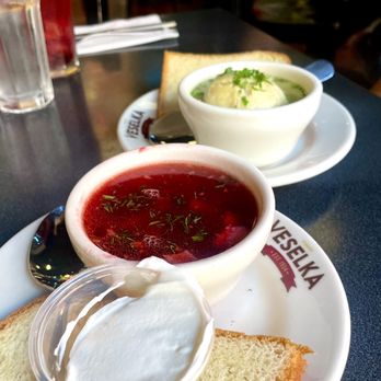 Veselka - Meat Borscht (5/5) & Matzoh Ball Soup (5/5): Both soups were so tasty! So much depth of flavor! And the slice of bread was a nice addition! - Ukrainian Near Me - New York, New York Veselka - Meat Borscht (5/5) & Matzoh Ball Soup (5/5): Both soups were so tasty! So much depth of flavor! And the slice of bread was a nice addition! - Ukrainian Near Me - New York, New York