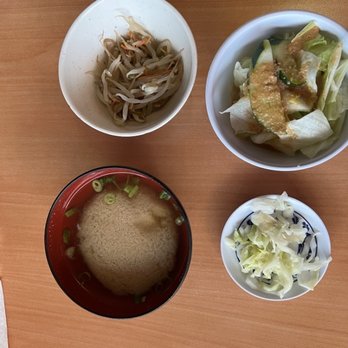 Kuni Restaurant - Side dishes: moyashi (seasoned bean sprouts), miso soup, toss salad, and tsukemono (pickled cabbage) - Japanese Near Me - Waipahu, Hawaii Kuni Restaurant - Side dishes: moyashi (seasoned bean sprouts), miso soup, toss salad, and tsukemono (pickled cabbage) - Japanese Near Me - Waipahu, Hawaii
