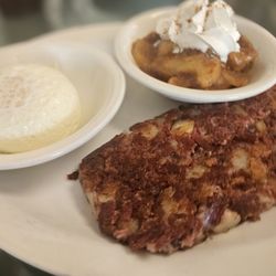 That Apple Pan - Corned beef hash with poached eggs and cinnamon apples.