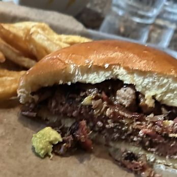 BJ's Restaurant & Brewhouse - Hickory Brisket And Bacon Burger* with fries Needed some BBQ sauce.. on the dry side. - New American Near Me - Round Rock, Texas BJ's Restaurant & Brewhouse - Hickory Brisket And Bacon Burger* with fries Needed some BBQ sauce.. on the dry side. - New American Near Me - Round Rock, Texas