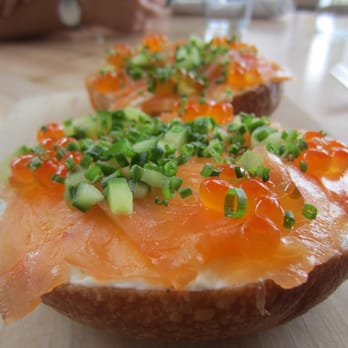 The General Muir - Avenue D open-faced bagel: lox, schmear, salmon roe, cucumber, chives. - Delis Near Me - Atlanta, Georgia The General Muir - Avenue D open-faced bagel: lox, schmear, salmon roe, cucumber, chives. - Delis Near Me - Atlanta, Georgia