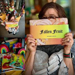 Nevada Museum of Art - Gift shop employee Anna Koenig behind a shower curtain "Fallen Fruit" art for sale by Reno local Austin Young.