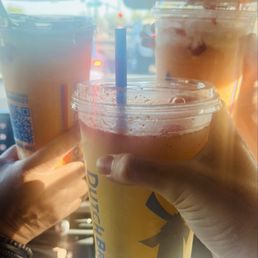 Mangonada, and 2 mango smoothies, double blended with cream, and real fruit strawberries.