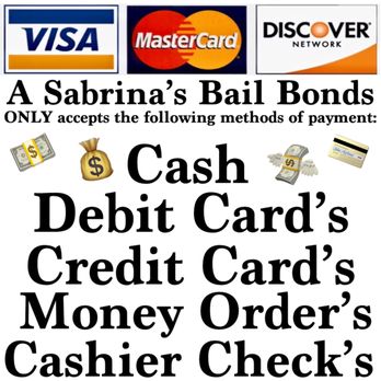 A Sabrina's Bail Bonds - I accept Cash, Debit Cards, Credit Cards, Money Orders & Cashier Checks. We do not accept personal checks. - Bail Bondsmen Near Me - Clearwater, Florida A Sabrina's Bail Bonds - I accept Cash, Debit Cards, Credit Cards, Money Orders & Cashier Checks. We do not accept personal checks. - Bail Bondsmen Near Me - Clearwater, Florida