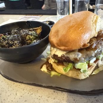 Dented Keg Brewing Company - Parts and Labour Burger with side of Balsamic Brussels Sprouts - Brewpubs Near Me - Mars, Pennsylvania