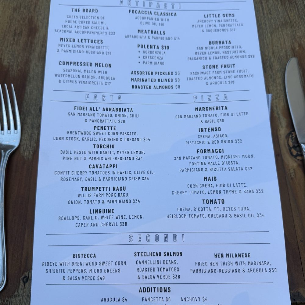 Oenotri - Menu 8/2025 - Italian Near Me - Napa, California