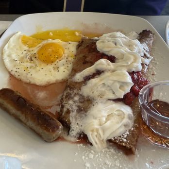 CJ's Corner - Crepese with Strawberries and Cream, Sausage, Eggs Sunny Side up. - American Near Me - Shelton, Washington CJ's Corner - Crepese with Strawberries and Cream, Sausage, Eggs Sunny Side up. - American Near Me - Shelton, Washington