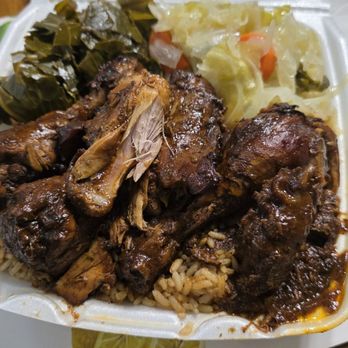DJ's Caribbean Kitchen - Stew chicken, rice and peas, cabbage and collard greens - Caribbean Near Me - College Park, Georgia