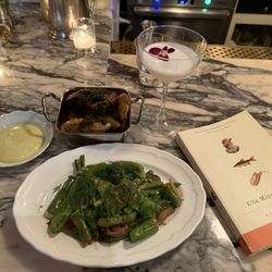 Little Goat - Charred spring pea and asparagus salad; fingerling potatoes with garlic aioli