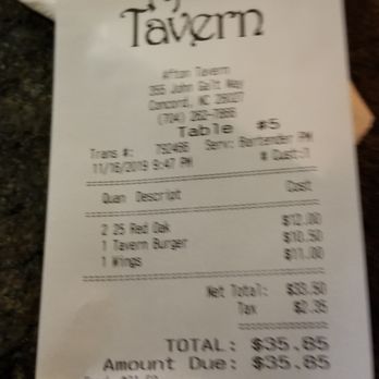 Afton Tavern - total receipt - American Near Me - Concord, North Carolina