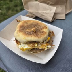 Pat's Pastured - English muffin sausage patty fresh egg with cheese.