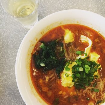 Ivan Ramen - Spicy Red Chili Ramen with a side of sake - Ramen Near Me - New York, New York Ivan Ramen - Spicy Red Chili Ramen with a side of sake - Ramen Near Me - New York, New York