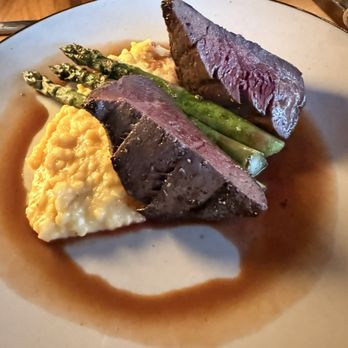 Highlands Supper Club - Elk, Grits, asparagus with Demi glaze - Southern Near Me - Highlands, North Carolina