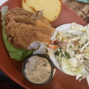 Sunset Pointe - Fried grouper sandwich with grilled slaw - Bars Near Me - Fairhope, Alabama Sunset Pointe - Fried grouper sandwich with grilled slaw - Bars Near Me - Fairhope, Alabama