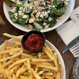 Fries, Peach Strawberry Salad (GF*) Fries, Peach Strawberry Salad (GF*)