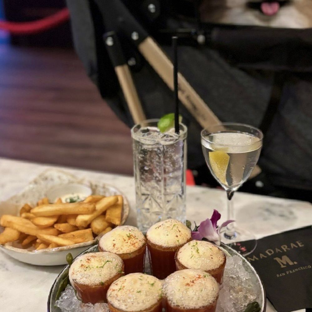 HH: Bloody Mary Oyster Shooters ($2 each), Steak Fries ($6), Hendricks, shaken w/ twist ($18)