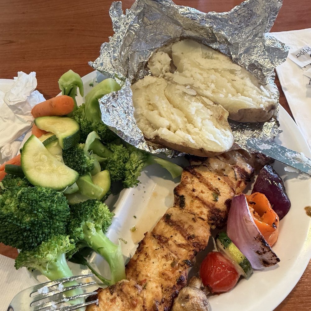Chicken Maison - Chicken kebab with baked potato and vegetables - Mediterranean Near Me - Torrance, California Chicken Maison - Chicken kebab with baked potato and vegetables - Mediterranean Near Me - Torrance, California