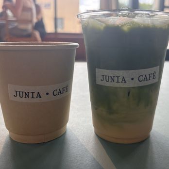 Junia Café - Jasmine Matcha Latte (right) - Coffee & Tea Near Me - Gardena, California Junia Café - Jasmine Matcha Latte (right) - Coffee & Tea Near Me - Gardena, California