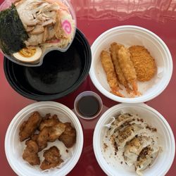 JSnack Mart - Tokyo shouyu ramen with extra pork chasu Shrimp tempura / Potato croquette Karaage chicken with dipping sauce  Fried chicken gyoza