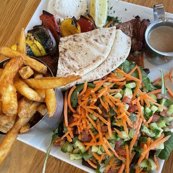 Crimson - Filet Mignon Kabob with salad instead of rice, fried and grilled veggies as sides - Mediterranean Near Me - Santa Monica, California Crimson - Filet Mignon Kabob with salad instead of rice, fried and grilled veggies as sides - Mediterranean Near Me - Santa Monica, California