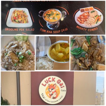 Luck Gai Cafe - Spicy Fried Rice (yum), Yellow Curry and Pad See Ew. I included the nice "foxy" signage. - Chicken Shop Near Me - Anaheim, California