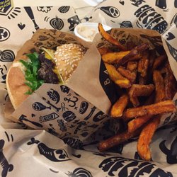 Bastard Burgers - "London" with truffle mayo, pickled red onion, cheddar and brioche. Good but not as great as "New York". Love the fries with aioli!