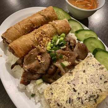 Golden Deli - Broken rice plate with fried pork egg rolls, grilled pork, and baked egg - Vietnamese Near Me - San Gabriel, California Golden Deli - Broken rice plate with fried pork egg rolls, grilled pork, and baked egg - Vietnamese Near Me - San Gabriel, California