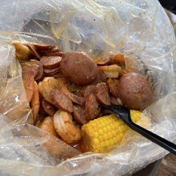 The Works Restaurant - Shrimp Boil with corn, potato - added sausage. - Seafood Near Me - Boiling Springs, South Carolina