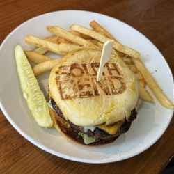 The Cheesy Burger with Double Fried French Fries and Pickle Spear